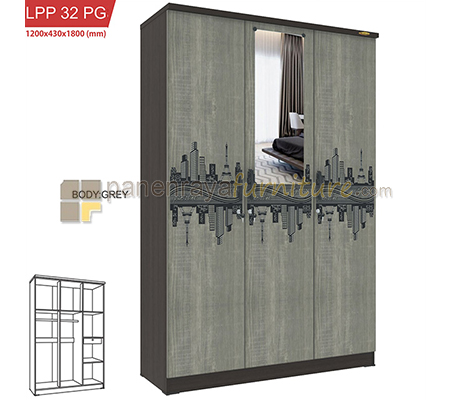 Panen Raya LEMARI PAKAIAN 3 PINTU KACA ROMARO LPP 32 PG (WALNUT)