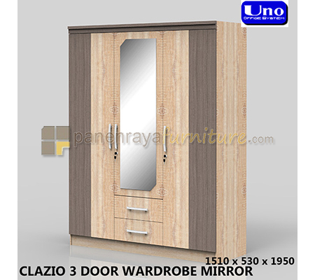 Panen Raya UNO LEMARI PAKAIAN 3 PINTU CERMIN CLAZIO BROWN