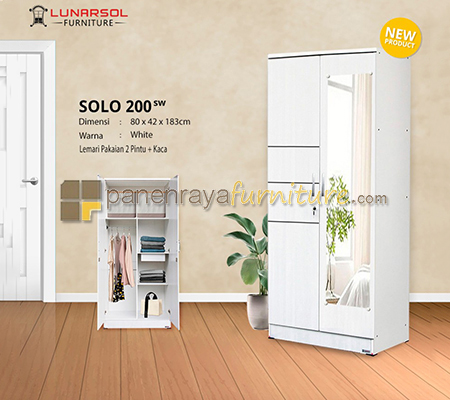 Panen Raya Lemari Pakaian 2 Pintu Cermin Lunar SOLO 200 Sonoma White 80x42x180