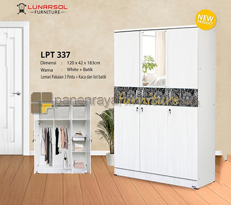 Panen Raya Lemari Pakaian 3 Pintu Cermin Lunar LPT 337 Sonoma White 120x42x180