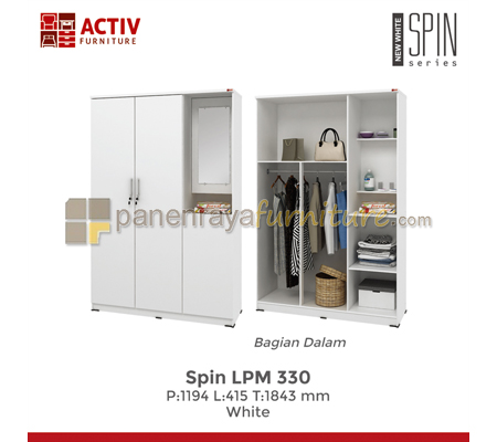 Panen Raya Lemari Pakaian 3 Pintu Cermin Activ Spin LPM 330 White 120x42x185