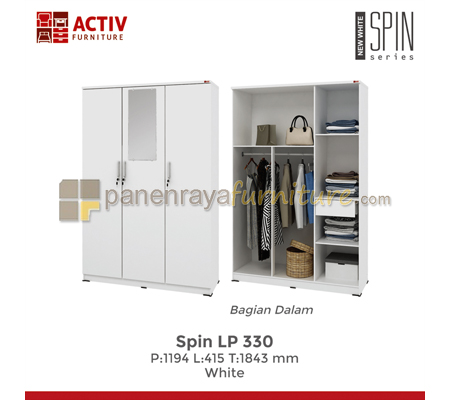 Panen Raya Lemari Pakaian 3 Pintu Cermin Activ Spin LP 330 White 120x42x185