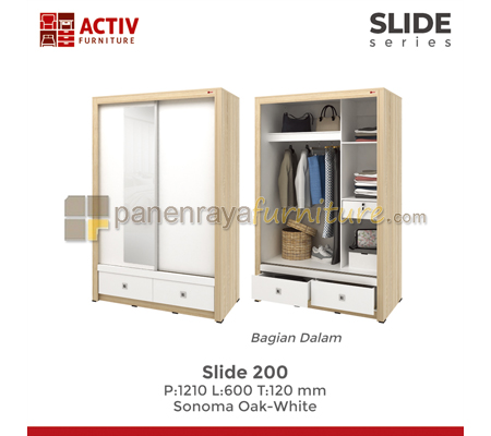 Panen Raya Lemari Pakaian 2 P Sliding Plus Cermin Activ Spin Slide 200 Sonoma Oak-White 121x60x192