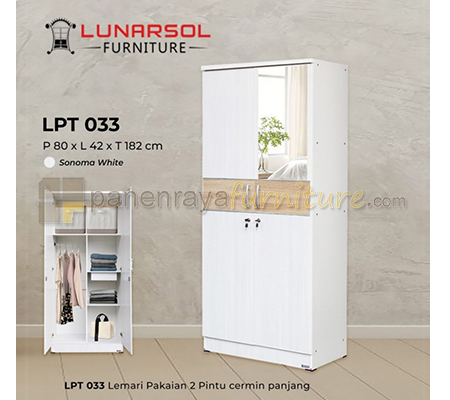 Panen Raya Lemari Pakaian 2 Pintu Cermin Lunar LPT 033 Sonoma White 80x42x180