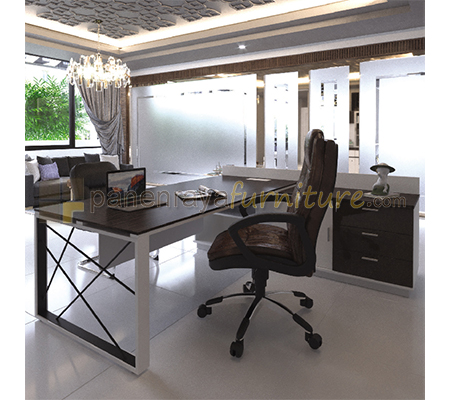 Panen Raya Furniture Meja Kantor Direktur Modera GDD 183 R Dark Zebra-White 180x210x75/86