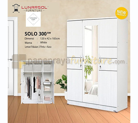 Panen Raya Lemari Pakaian 3 Pintu Cermin Lunar SOLO 300 Sonoma White 120x42x180