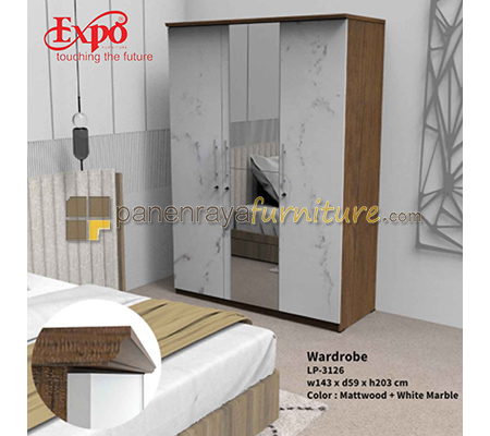 Panen Raya Lemari Pakaian 3 Pintu Expo LP 3126 Matt Wood-White Marble 142x57x200