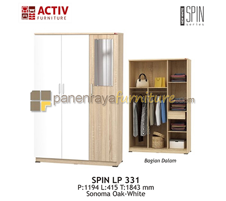 Panen Raya LEMARI PAKAIAN 3 PINTU CERMIN ACTIV SPIN LP 331 SONOMA OAK WHITE 120x42x185