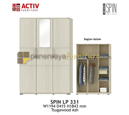 Panen Raya LEMARI PAKAIAN 3 PINTU CERMIN ACTIV SPIN LP 331 TSUGAWOOD ASH 120x42x185