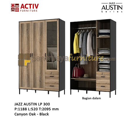 Panen Raya Lemari Pakaian 3 Pintu Activ Jazz Austin LP 300 Canyon Oak-Black 119x52x210