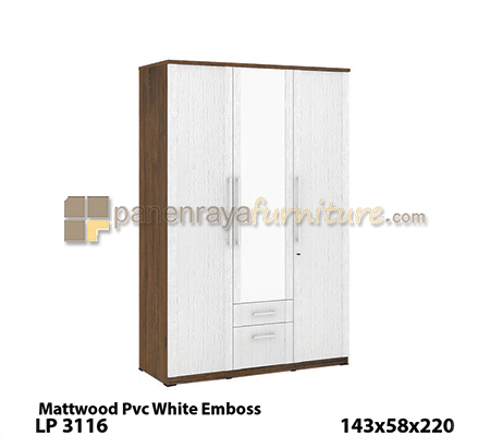 Panen Raya Furniture Lemari Pakaian 3 Pintu Expo LP 3116 Matt Wood - PVC White 142.5x58x220