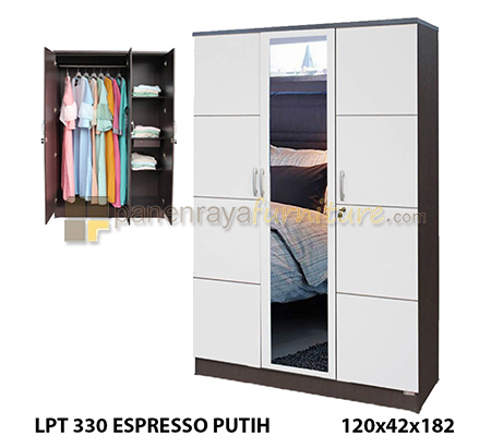 Panen Raya Lemari Pakaian 3 Pintu Cermin Lunar LPT 330 Espresso White 120x42x180