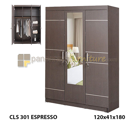 Panen Raya Lemari Pakaian 3 Pintu Cermin Lunar CLS 301 Espresso 120x42x180