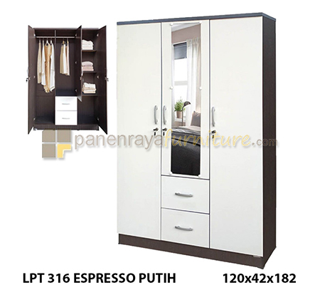 Panen Raya Lemari Pakaian 3 Pintu Cermin Lunar LPT 316 Espresso White 120x42x180
