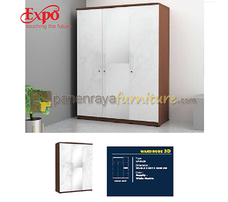 Lemari Pakaian 3 Pintu Cermin Expo LP 3126 Sappily-White Marble 143x57x200