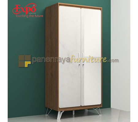 Panen Raya Lemari Pakaian 2 Pintu Cermin Expo LP 2128 Mattwood-White Marble 100x60x215