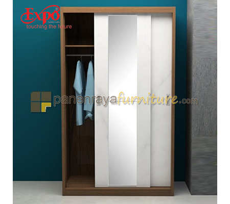 Panen Raya Lemari Pakaian 2 Pintu Sliding Plus Cermin Expo LP 2127 Mattwood-White Marble 120x60x200