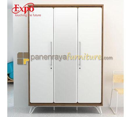Panen Raya Lemari Pakaian 3 Pintu Kaki Besi Plus Cermin Expo LP 3122 Mattwood-White Marble 148x60x215