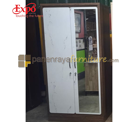 Panen Raya Lemari Pakaian 2 Pintu Cermin Expo LP 2123.1 Mattwood-White Marble 103x50x208