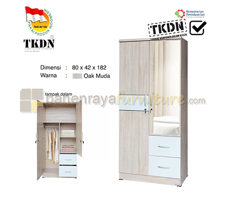 Panen Raya Lemari Pakaian 2 Pintu Cermin Lunar LPT 028 Sonoma Oak White 80x42x180