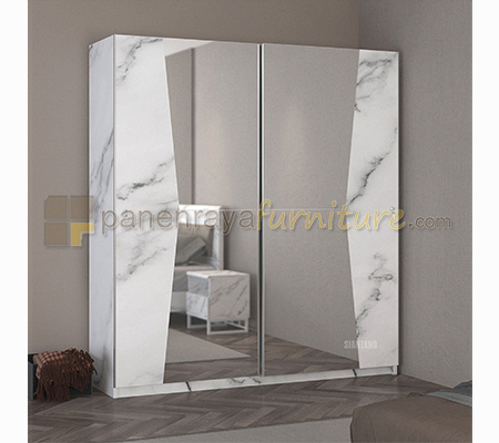 Panen Raya Lemari Pakaian 2 pintu Sliding Cermin Siantano LP Marble 4D SL 200x60x220 White Marble
