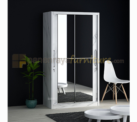 Panen Raya Lemari Pakaian 2 Pintu Sliding Cermin Siantano LP Marble 2D SL 120x60x220 White Glossy-Marble