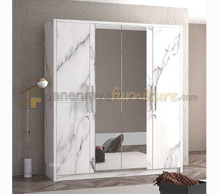 Panen Raya Lemari Pakaian 4 Pintu Cermin Siantano LP Marble 4D SW 200x60x220 White Glossy-Marble