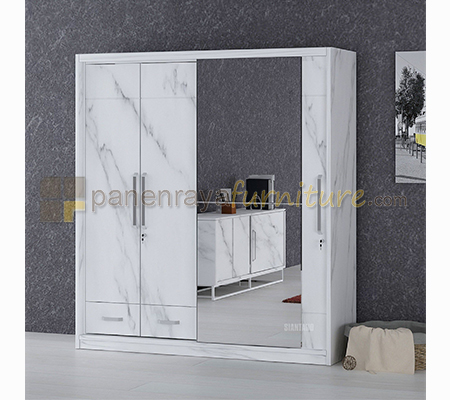 Panen Raya Furniture Lemari Pakaian 4 Pintu Cermin Siantano LP Marble 4D SS 200x60x220 white Glossy-Marble