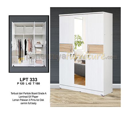 Panen Raya Lemari Pakaian 3 Pintu Cermin Lunar LPT 333 Sonoma White 120x42x180