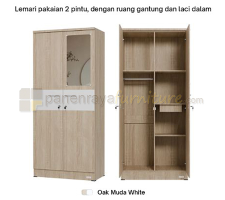 Panen Raya Lemari Pakaian 2 Pintu Cermin Lunar LPT 012 Sonama Oak White 80x42x180